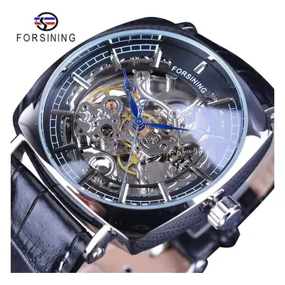 (black) Forsining Leather Strip Luxury Gold Clock Transparent Skeleton Men Automatic Mechanical 