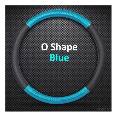 (O shape Blue) D Shape O Shape Steering Wheel Cover Genuine leather Cow Skin + Carbon