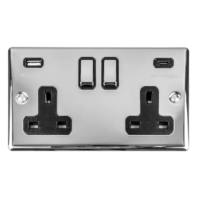 2 Gang Double UK Plug Socket & Dual 3.1A USB-C & A POLISHED CHROME 13A Switched