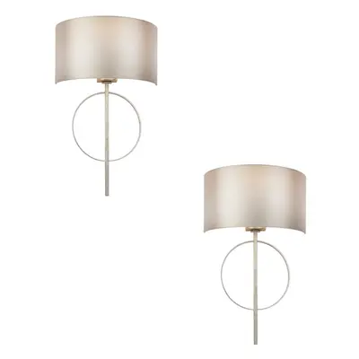 2 PACK Antique Silver Leaf Wall Light & Mink Satin Shade Dimmable Filament Lamp