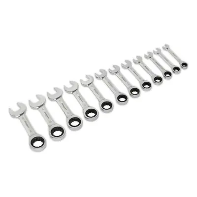 12pc STUBBY Short Ratchet Combination Spanner Set Point Metric Ring Open Head