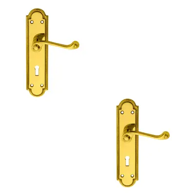 2x PAIR Reeded Scroll Handle on Shaped Lock Backplate x 49mm Polished Brass