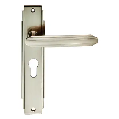 PAIR Line Detailed Handle on Euro Lock Backplate x 45mm Satin Nickel