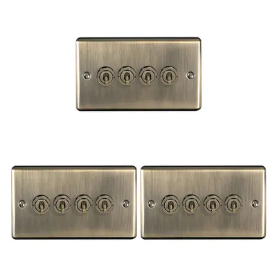 3 PACK Gang Quad Retro Toggle Light Switch ANTIQUE BRASS 10A Way Plate