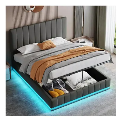 (Grey) 5ft King Bed Frame with Adjustable Channel Tufted Headboardï¼with LED Lightingï¼with Hy