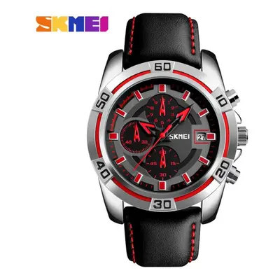 (Red) SKMEI Men Quartz Watch Fashion Luxury Leather Waterproof Business Casual Creative Wristwat