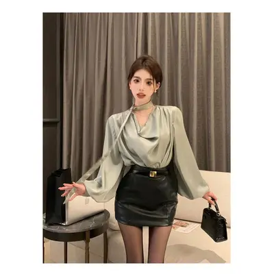 (Dark Green skirt, L) Women Spring Summer Simplicity Office Lady Lacing Solid Color V-neck Long 