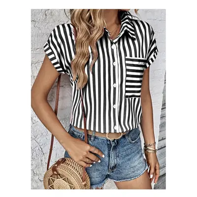 (black, L) Women's Blouses Summer V-neck Pocket Striped Printed Short Sleev Shirt For Women Offi