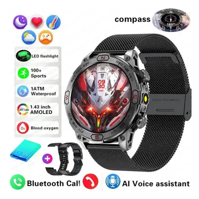 (black, Mesh+silicone+leather) New Outdoor Military Gps Smart Watch Men Amoled Hd Screen Heart R