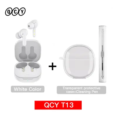 (White with Case Pen) QCY T13 Wireless Smart Headphone BT5.1 TWS Earphone Mic ENC HD Call