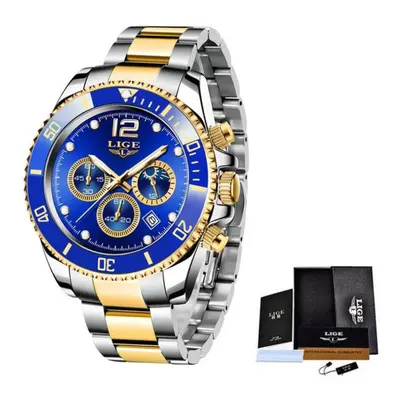 (Gold Blue) LIGE Mens Watches Top Brand Luxury Clock Casual Stainless Steel Hour Moon Phase Men 