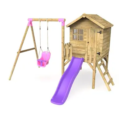 (Purple) Rebo Orchard 4ft x 4ft Wooden Playhouse with Baby Swing, 900mm Deck and 6ft Slide - Plu