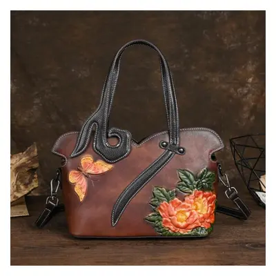 (coffee) Johnature Genuine Leather Women Bag Handmade Embossing Retro Luxury Handbags Large Capa