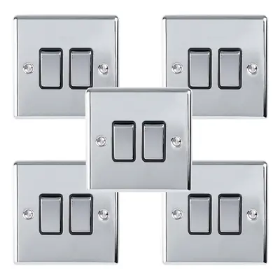 5 PACK Gang Double Metal Light Switch POLISHED CHROME Way 10A Black Trim