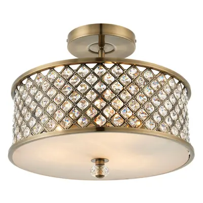 Flush Ceiling Mounted Light Antique Brass & Crystal Lamp Bulb Holder Round Shade