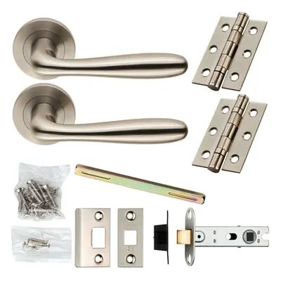 Door Handle & Latch Pack Satin Steel Smooth Flared Lever Screwless Round Rose