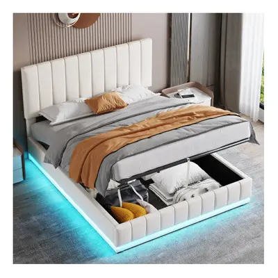 (Cream White) 5ft King Bed Frame with Adjustable Channel Tufted Headboardï¼with LED Lightingï¼