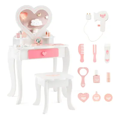 Kids Vanity Set Pretend Makeup Table & Chair Set With Heart-shaped Mirror