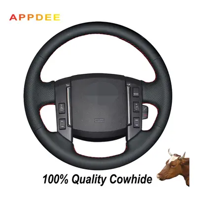 (red thread) Hand-stitched Black Genuine Leather Steering Wheel Cover for Land Rover