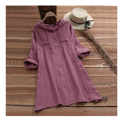 (fuchsia, 5XL) Women's Drawstring Cotton and Linen Solid Color Hat Loose Hooded Long Sleeve Card