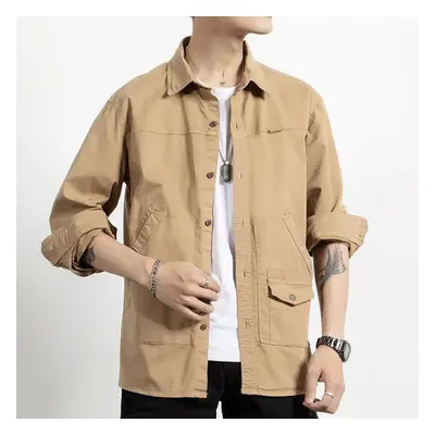 (khaki, XL) Thin Long Sleeved Work Shirt Men&apos;s Coat Casual Loose Top