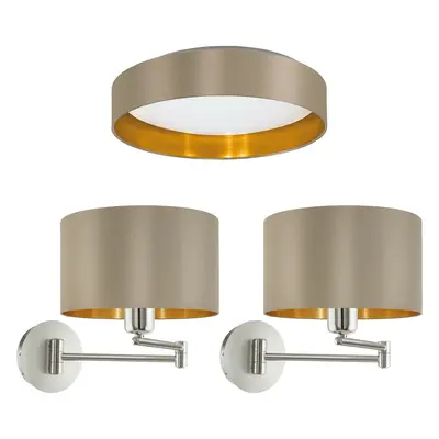 Low Ceiling Light & 2x Matching Wall Lights Taupe & Gold Round Diffused Lamp