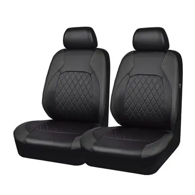 (Black Front 2pcs) PU Leather Universal Car Seat Covers Airbag Compatible Waterproof Automobile 