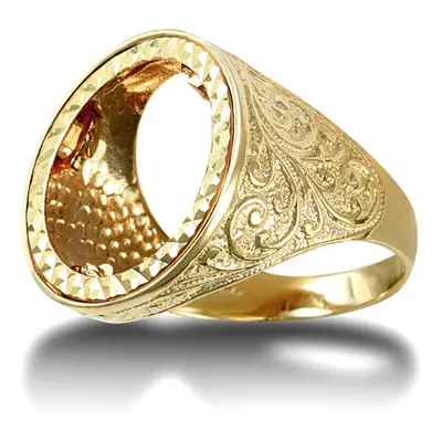 (L) Jewelco London Men's Solid 9ct Yellow Gold Floral Engraved Half Sovereign Mount Ring - JRN18