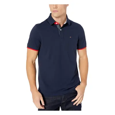 Tommy Hilfiger Men's Short Sleeve Cotton Pique Flag Graphic Polo Shirt in Custom Fit Navy Blazer