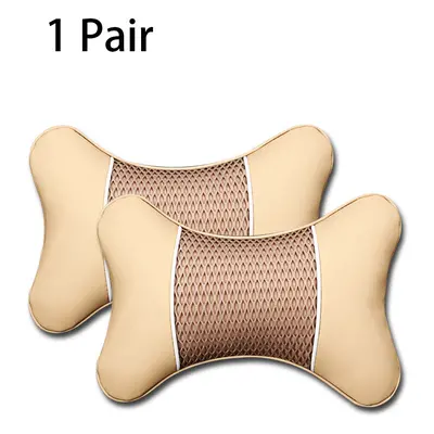 (B-Beige 2X) 2Pcs PU Leather Knitted Car Pillows Headrest Neck Rest Cushion Support