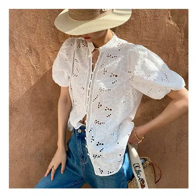 (WHITE, M) Bohemian White Embroidered Hollow Out Shirt Spring/Summer Casual Vacation Blouse New 