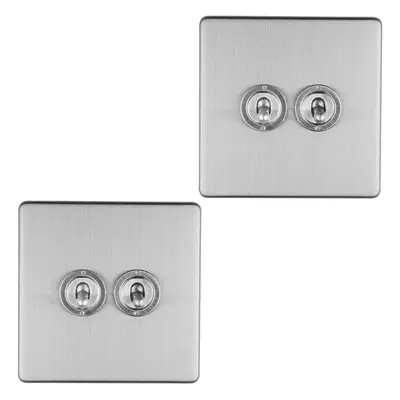 2 PACK Gang Double Retro Toggle Light Switch SCREWLESS SATIN STEEL 10A Way