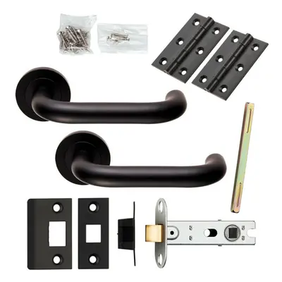 Door Handle & Latch Pack Matt Black Curved Safety Lever Screwless Round Rose