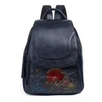 (black,grey) Vintage Embossed Large Capacity Women Backpack Genuine Leather Bag New Leisure Natu