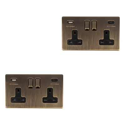 2 PACK Gang Double 13A UK Plug Socket & 2x 3.1A USB-C SCREWLESS ANTIQUE BRASS