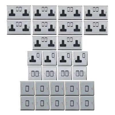 CHROME House Socket & Switch Set -14x Light & 14x Switched UK Power Sockets