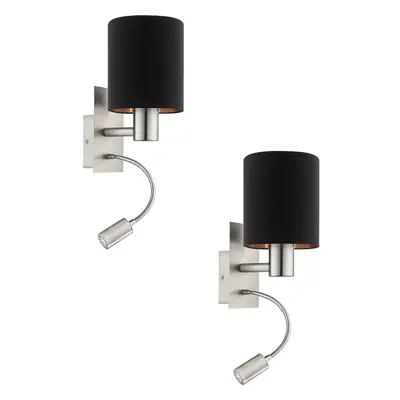 2 PACK Wall Light Satin Nickel Shade Black Copper Fabric E27 LED 1x40W 1x3.5W