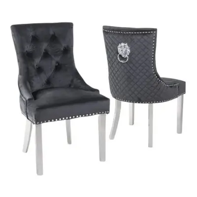 Black Velvet Set of Lion Knocker Back Dining Chair With Chrome Legs