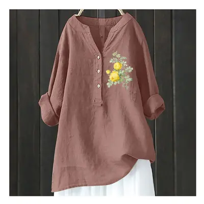 (HCY33, S) Women's Autumn Winter New Fashion Printed Button Up Shirt Long Sleeved Bamboo Linen C