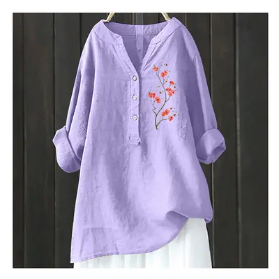 (HCY23, L) Women's Autumn Winter New Fashion Printed Button Up Shirt Long Sleeved Bamboo Linen C