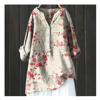 (HCY01, S) Women's Autumn Winter New Fashion Printed Button Up Shirt Long Sleeved Bamboo Linen C