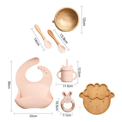 (7pcs Pink set-03) Wooden Dinner Plate Feeding Supplies Bamboo Baby Tableware Silicone Suction P