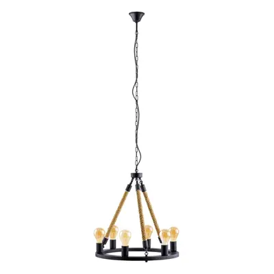 Hanging Ceiling Pendant Light Black & Rope 6x 60W E27 Round Feature Chandelier