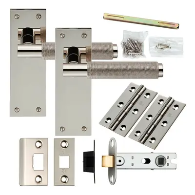 Door Handle & Latch Pack Polished Nickel Knurled Round Lever Slim Backplate