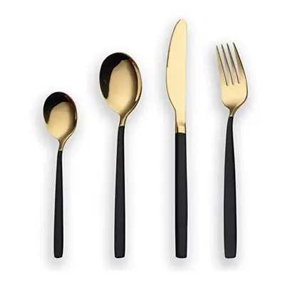 24 Piece Titanium Black and Golden Plated Stainless Steel Silverware SetBlack Handle with Golden