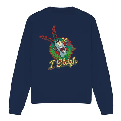 (S, Navy) SpongeBob SquarePants Unisex Adult I Sleigh Plankton Wreath Christmas Sweatshirt