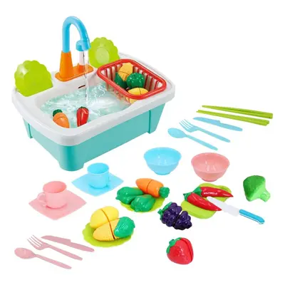 28pcs Pretend Wash-up Kitchen Sink Play Set Includes Cutting Toys, Kitchenware, Water Faucet & D