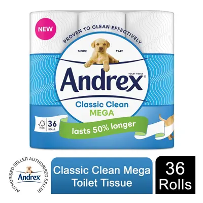 (36 Rolls) Andrex Toilet Rolls Classic Clean Mega Tissues Pk