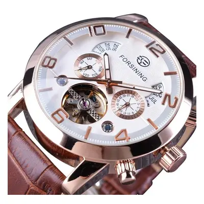 (brown) Forsining Men&apos;s Luxury Tourbillon Automatic Mechanical Watch Wave Designdate Displa