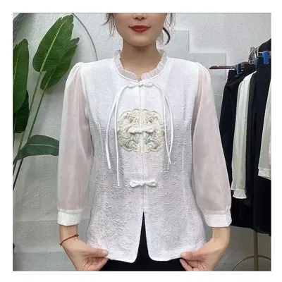 (White, XXL) Summer Chinese Style National Style Disc Buckle Flower Disc Embroidered Shirt New T